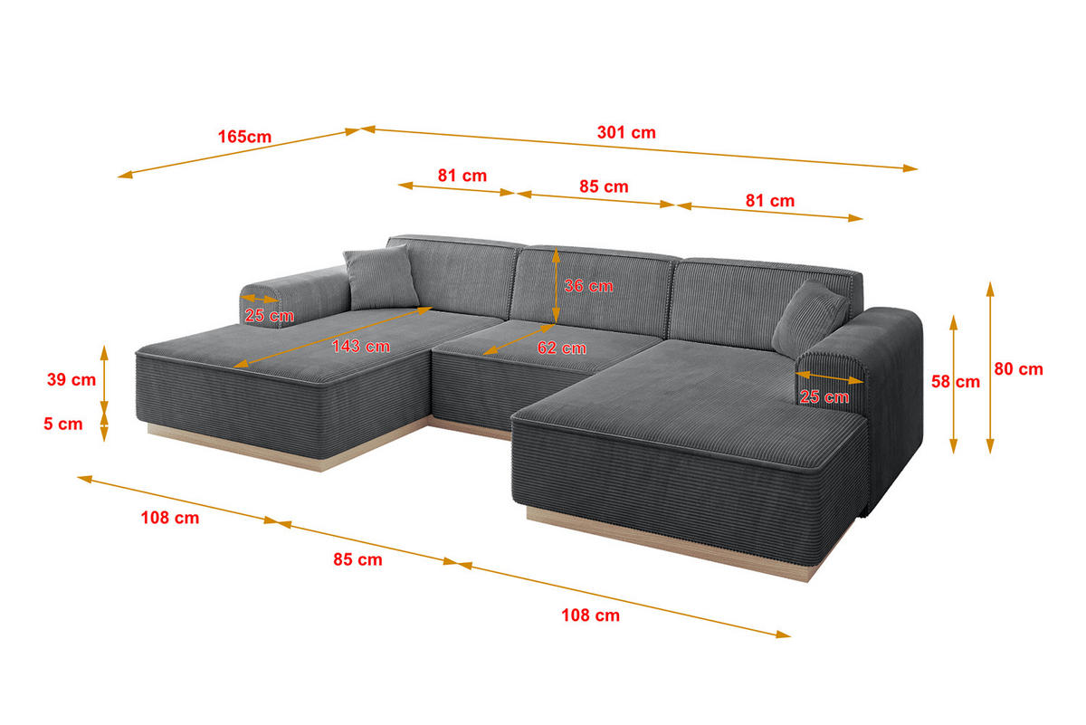WOHNLANDSCHAFT IREA-U1 - 301x165x80 cm Duneklgrau - Dunkelgrau, Holzwerkstoff/Textil (301/80/165cm) - ALTDECOR