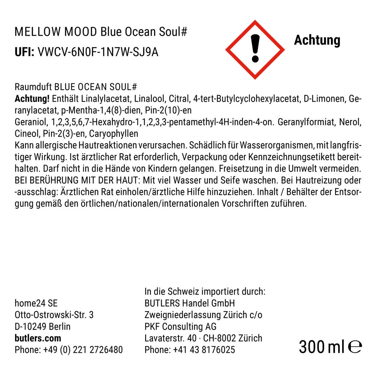 RAUMDUFT Blue Ocean Soul 300ml - Blau, Glas (9/29/9cm) - Butlers