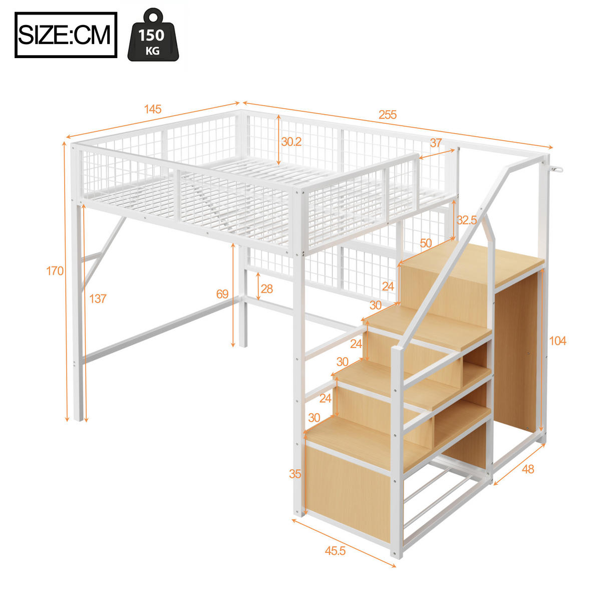 HOCHBETT 140/200 cm Weiß aus MDF und Metall mit Stauraum und LED-Beleuchtung - Weiß, Metall (140/200cm) - OKMYHOME