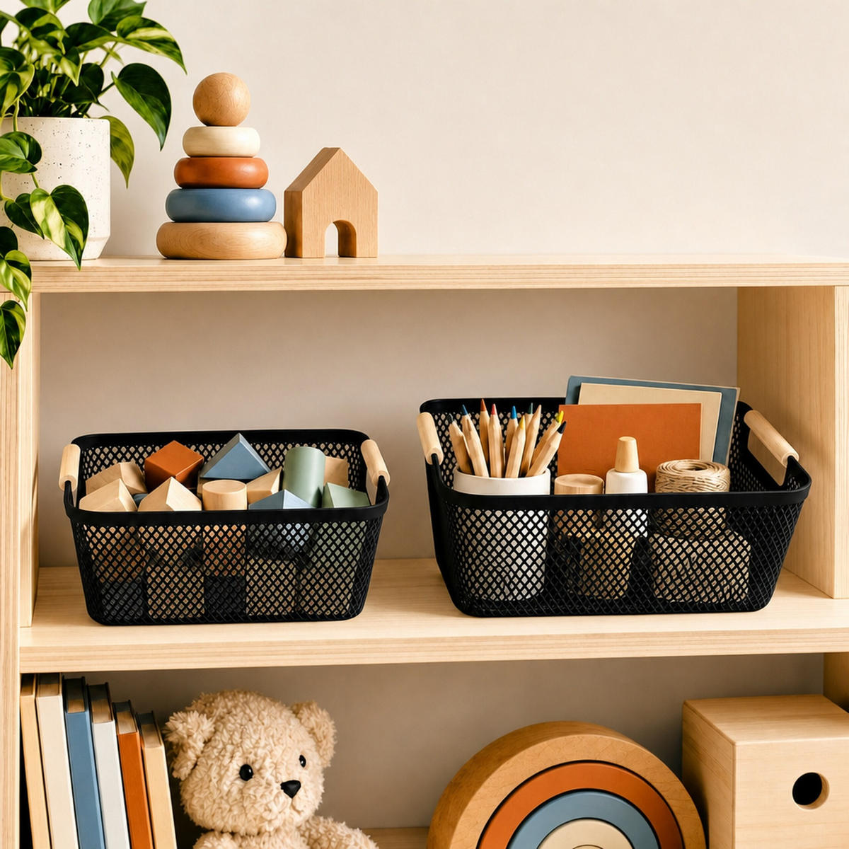 FÖRVARINGSKORG Svart 6-pack plast trähandtag storlek M - Svart, Trä/Plast (19.5/32/16cm) - Relaxdays
