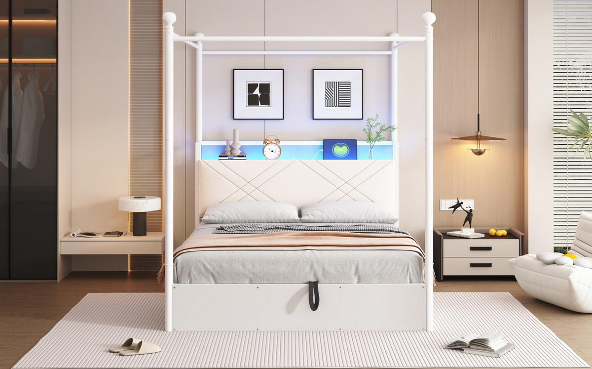 JUGENDBETT Himmelbett 140/190 cm aus Metall mit LED USB-C und Bettkasten Weiß - Weiß, Metall (140/190cm) - Modenvie