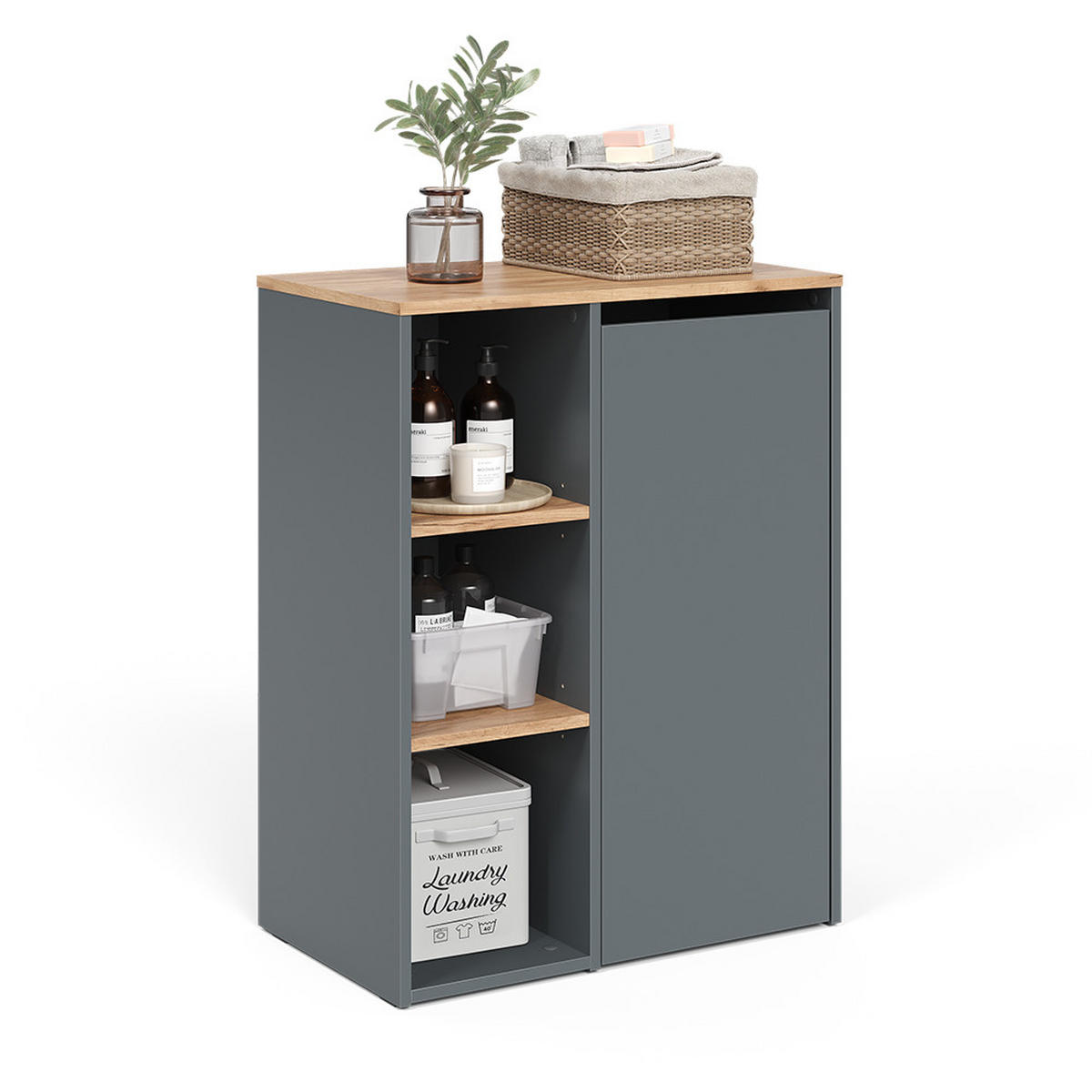 BADSCHRANK Viktor Anthrazit/Goldkraft Eiche 68 x 88.2 cm , mit offenen Regalen und Wäschekorb - Honigeiche/Anthrazit, Holzwerkstoff (68/88.2/40.5cm) - Vicco