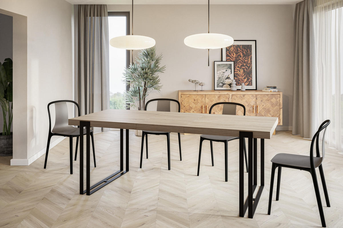 ESSZIMMERTISCH ROSA, ausziehbarer Tisch 180-280X90X77 cm, Farbe: SONOMA, mit Metallbeinen in Farbe Schwarz - Schwarz/Sonoma Eiche, Holzwerkstoff (180/90/77cm) - Alpi-Möbel