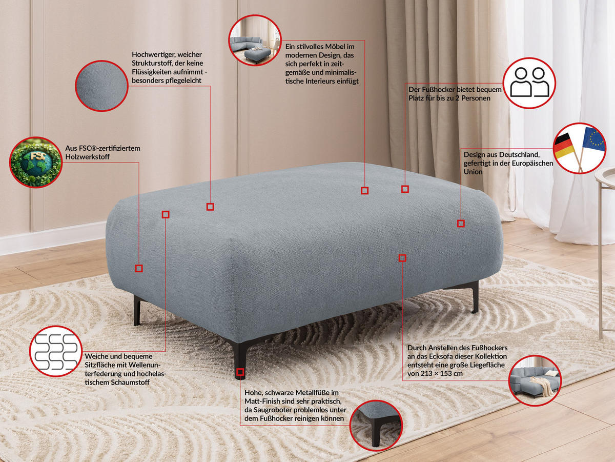 ECKSOFA inkl. Hocker Cardea mit Schlaffunktion in Bubble-Optik aus weichem Grau Strukturstoff und hohem Sitzkomfort - Ottomane rechts - Schwarz/Grau, Holz/Textil (230/170cm) - S-Style Möbel