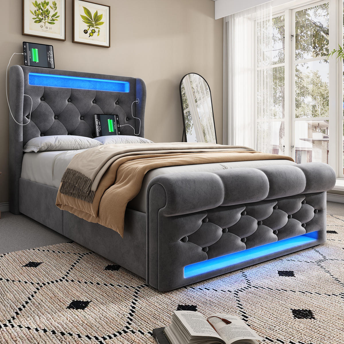POLSTERBETT 90/200 cm Grau aus Samt mit Stauraum, LED-Beleuchtung und USB - Grau, Textil (90/200cm) - Flora Grace