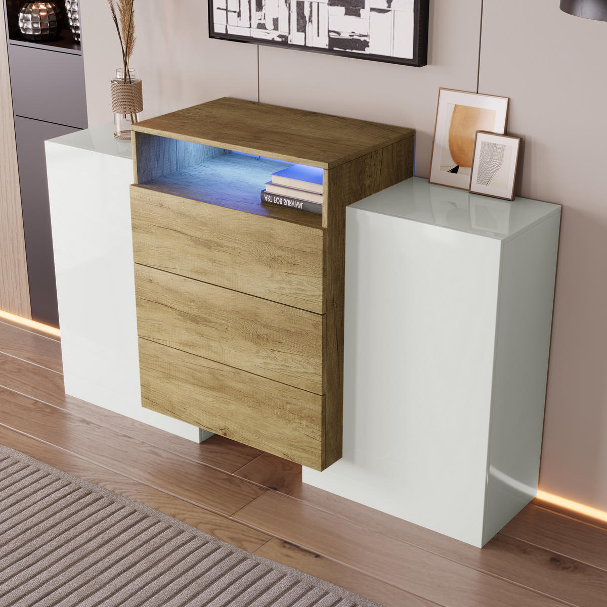 SIDEBOARD 140/30/77,5 cm Weiß/Natur aus MDF mit LED-Beleuchtung - Naturfarben, Holzwerkstoff (140/77/30cm) - OKWISH