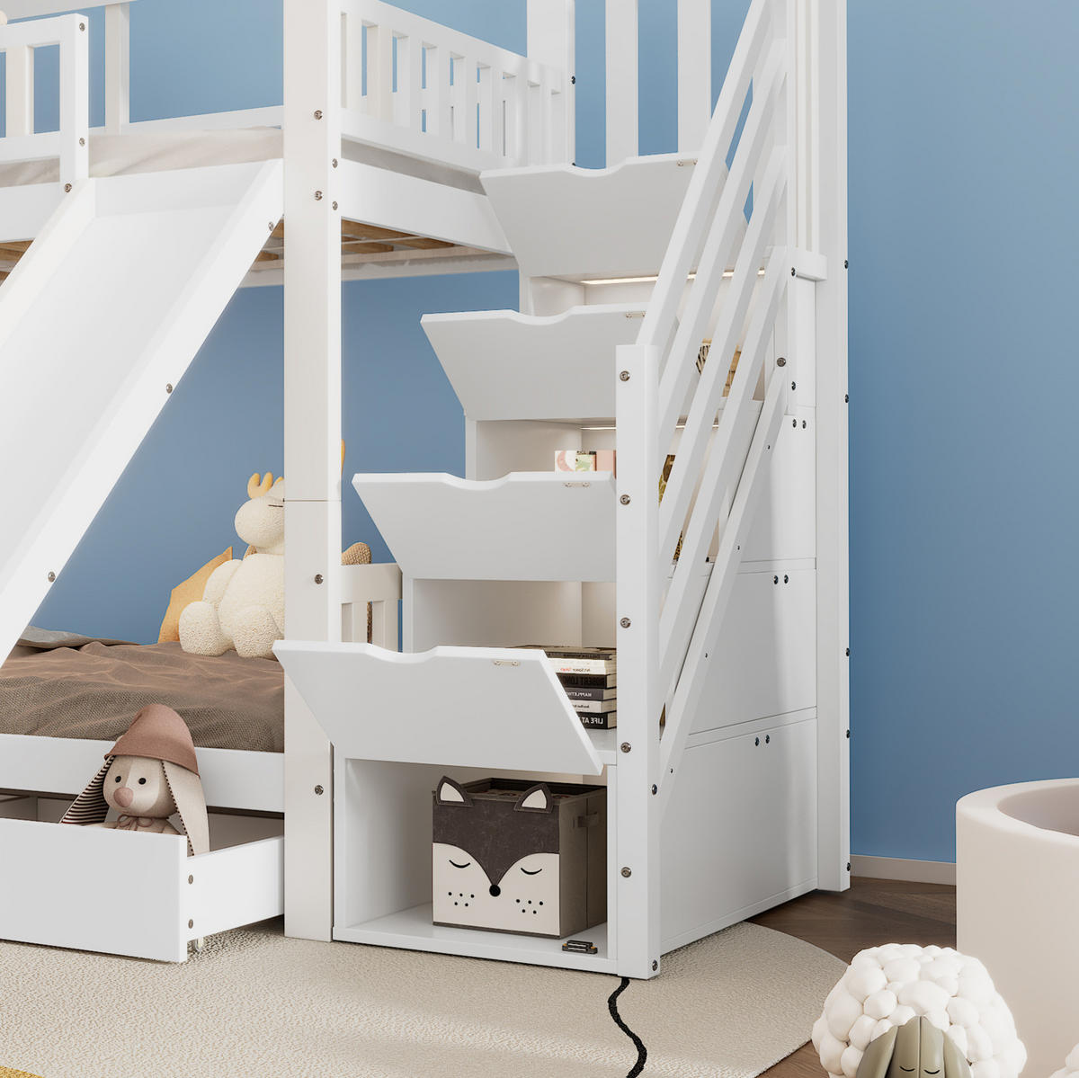POSCHODOVÁ posteľ 90/200 cm biela so schodmi, šmykľavkou a úložným priestorom z masívneho dreva a MDF - biela, kompozitné drevo (90/200cm) - OKWISH