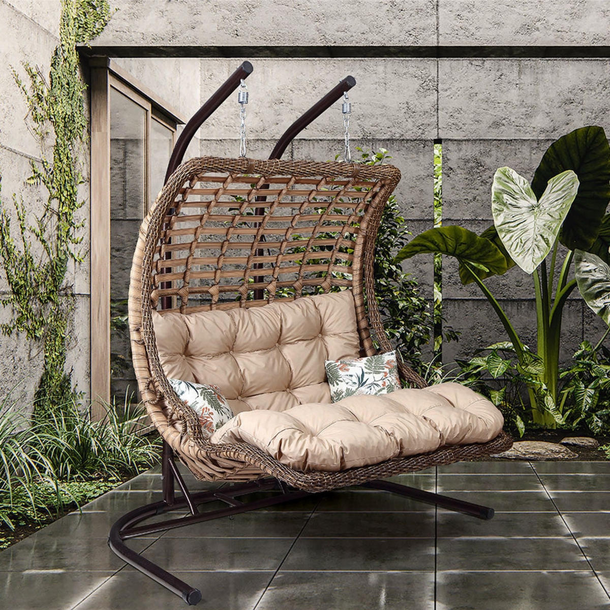 HÄNGESESSEL mit Gestell Gartenschaukel Rattan Hängeschaukel Hellbraun - Hellbraun, Metall (172/120/212cm) - Gowoll