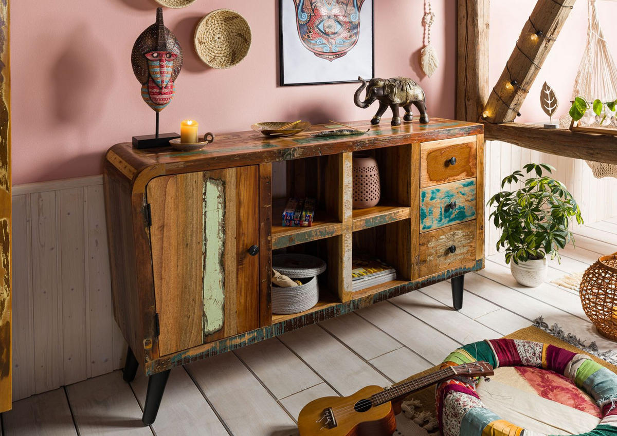 SIDEBOARD Altholz 150x40x86 mehrfarbig lackiert SIXTIES #101 - Multicolor, Holz (150/86/40cm) - Massivmoebel24