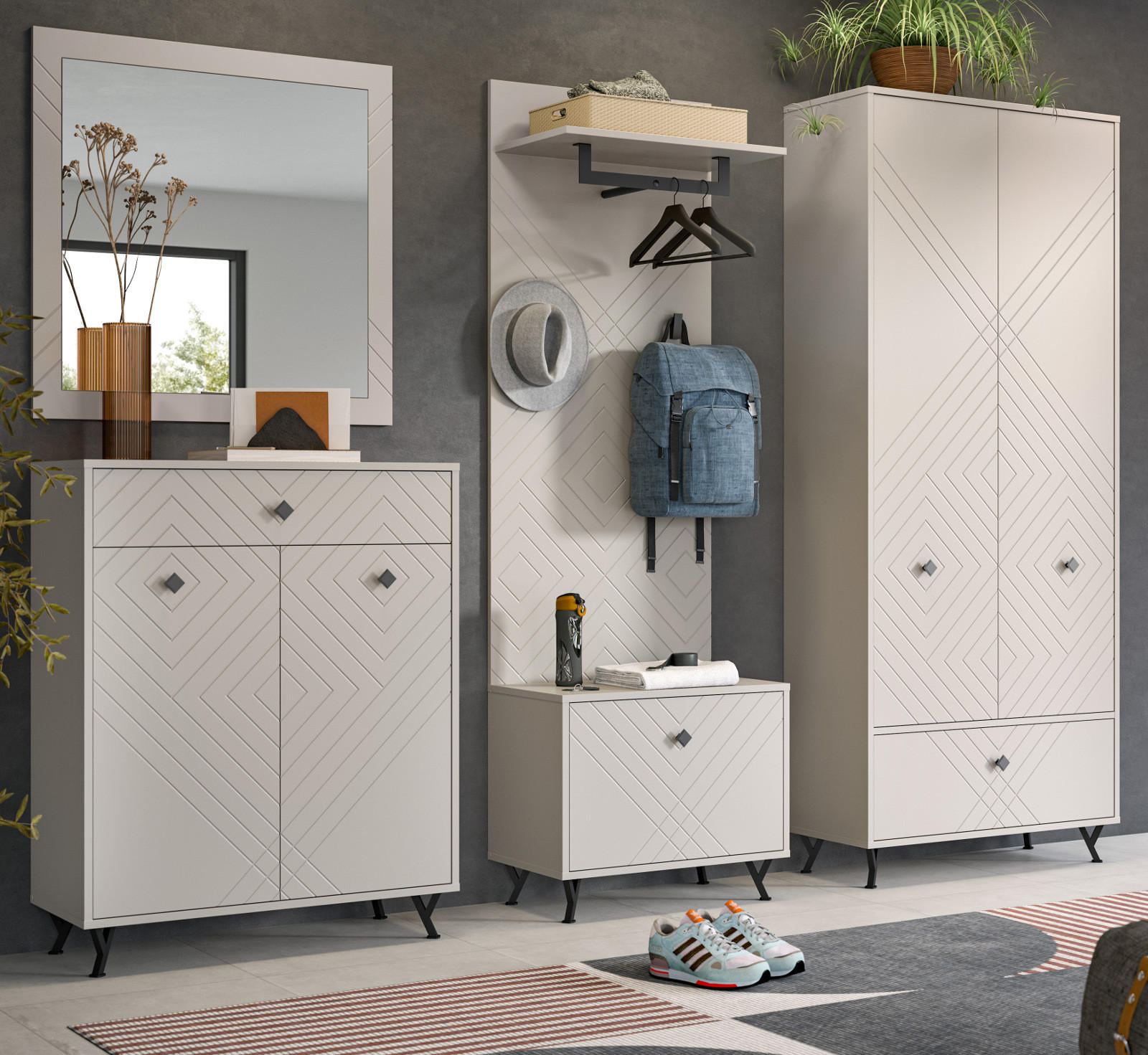 GARDEROBE Set 5-teilig Sand matt 250 cm, Garderobenkombination mit Fräsungen - Sandfarben/Beige, Glas/Holzwerkstoff (250/190/35cm) - Inn.Furn