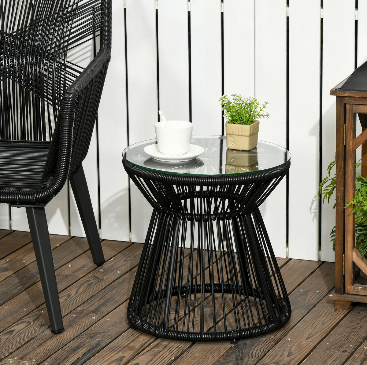 BEISTELLTISCH 40/40/42 cm mit gehärteter Glasplatte und PE-Rattan-Geflecht im Boho-Stil, Schwarz - Schwarz, Metall (40/40/42cm) - Redom