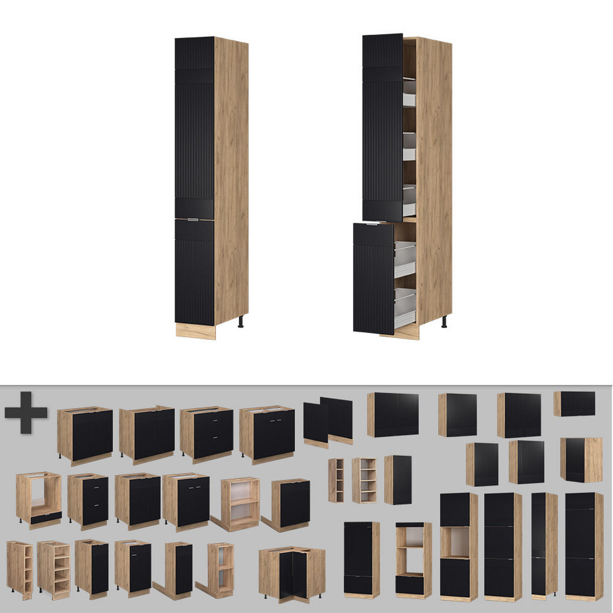 APOTHEKERSCHRANK Fame-Line, Schwarz gestreift, 30 cm - Honigeiche/Eiche Wotan, Holzwerkstoff (30/206.8/58cm) - Vicco