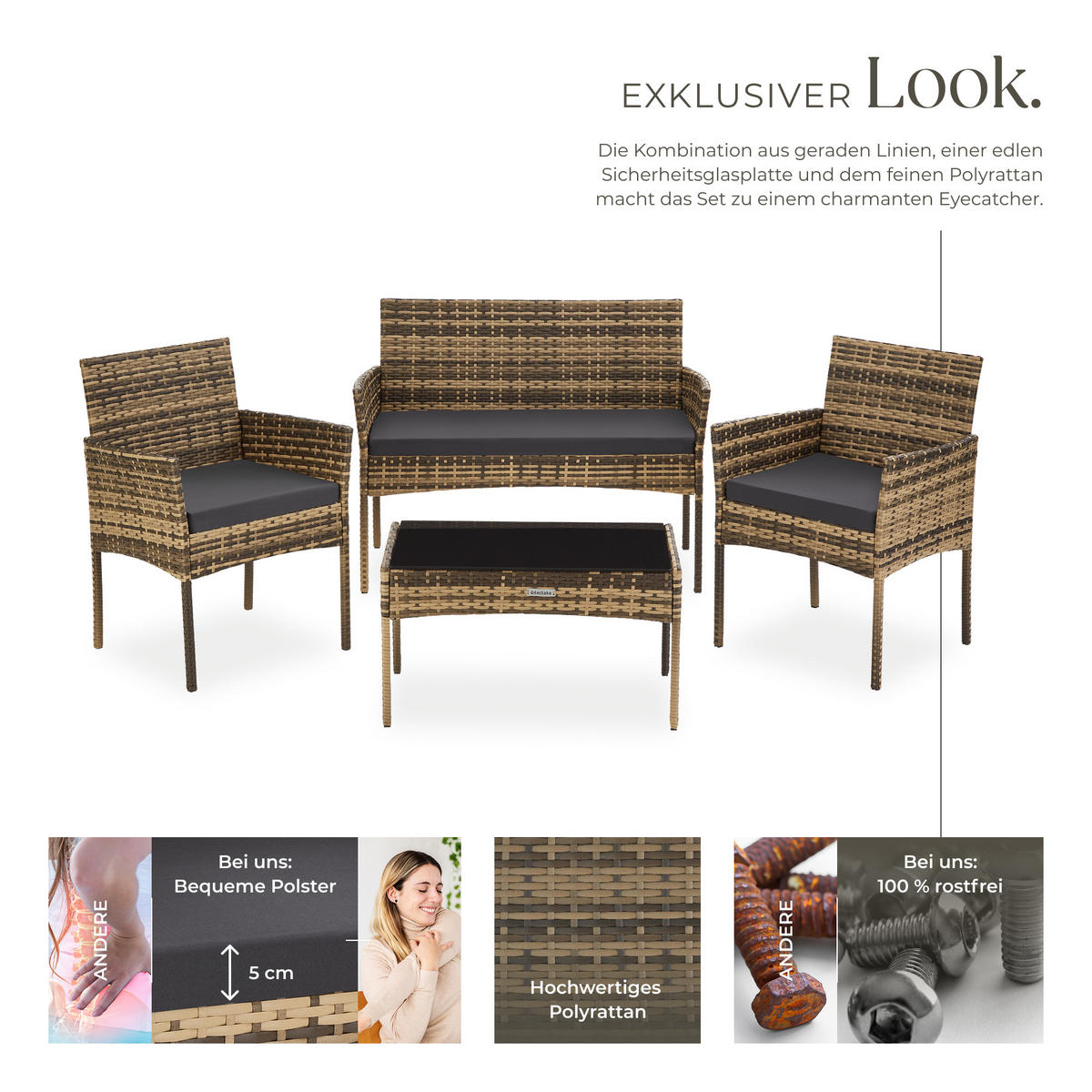 RATTAN GARTENSET Palese,Sofa 250 kg, je Sessel 120 kg,natur - Naturfarben, Kunststoff - tectake