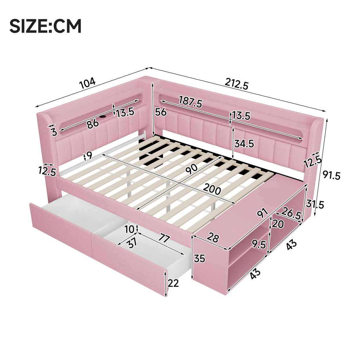 STAURAUMBETT 90/200 cm DE-03405, mit USB, LED, Schuhschrank und zwei Schubladen, in Rosa - Pink, Holzwerkstoff (90/200cm) - ComfortXL