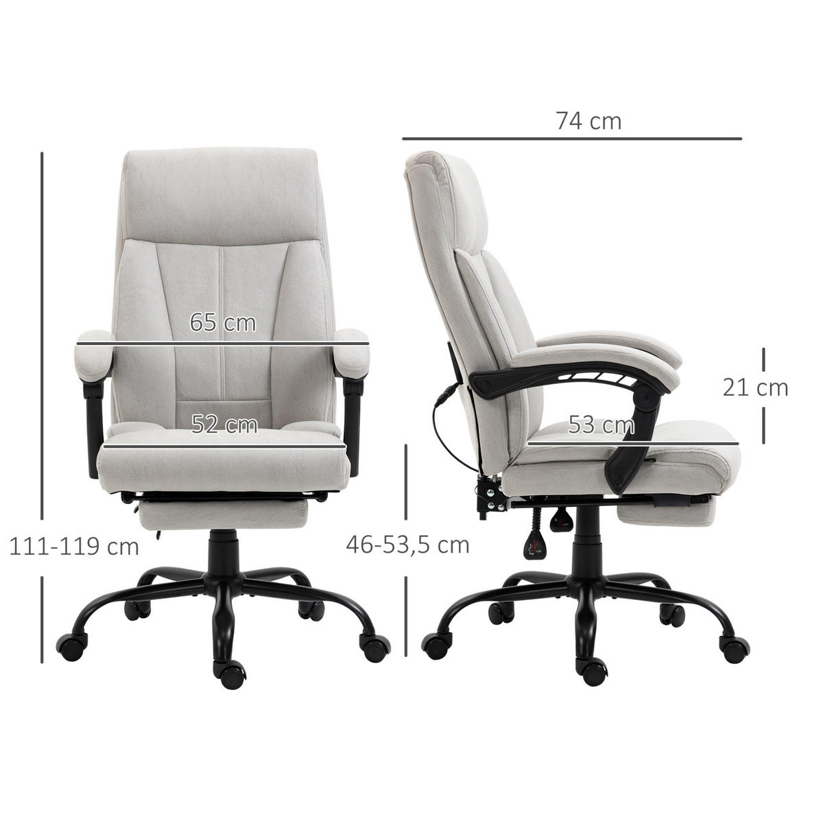 CHEFSESSEL in Hellgrau 74x65x119 cm mit Massagefunktion, Lendenheizung und Fußstütze - Hellgrau, Textil (65/119/74cm) - IVMEU