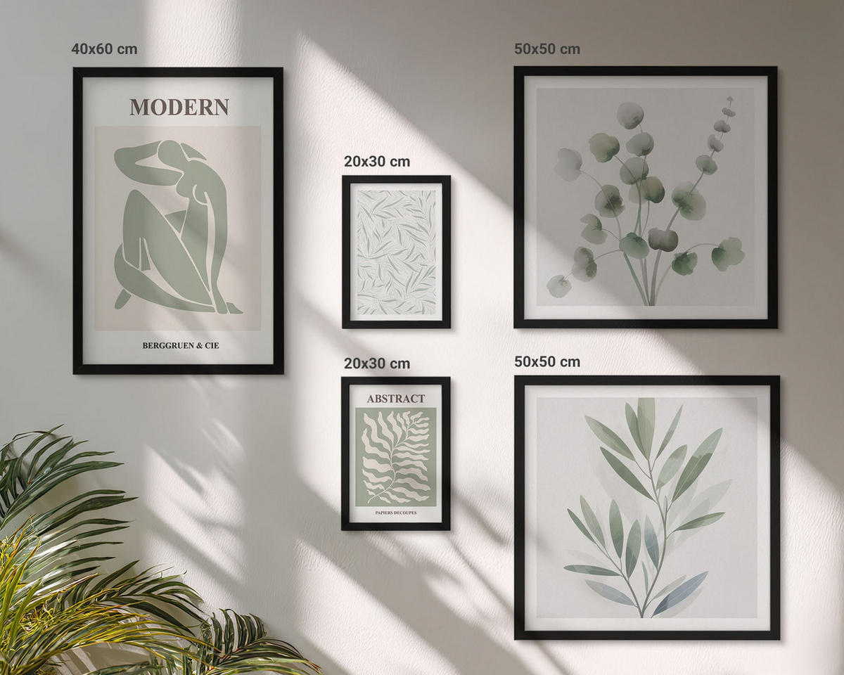 BILDER SET 5er Set - 50x50 cm & 20x30 cm & 40x60 cm Schwarzer Rahmen - Matisse entwirft Boho-Pflanzen - Schwarz, Kunststoff (40/60cm) - TULUP