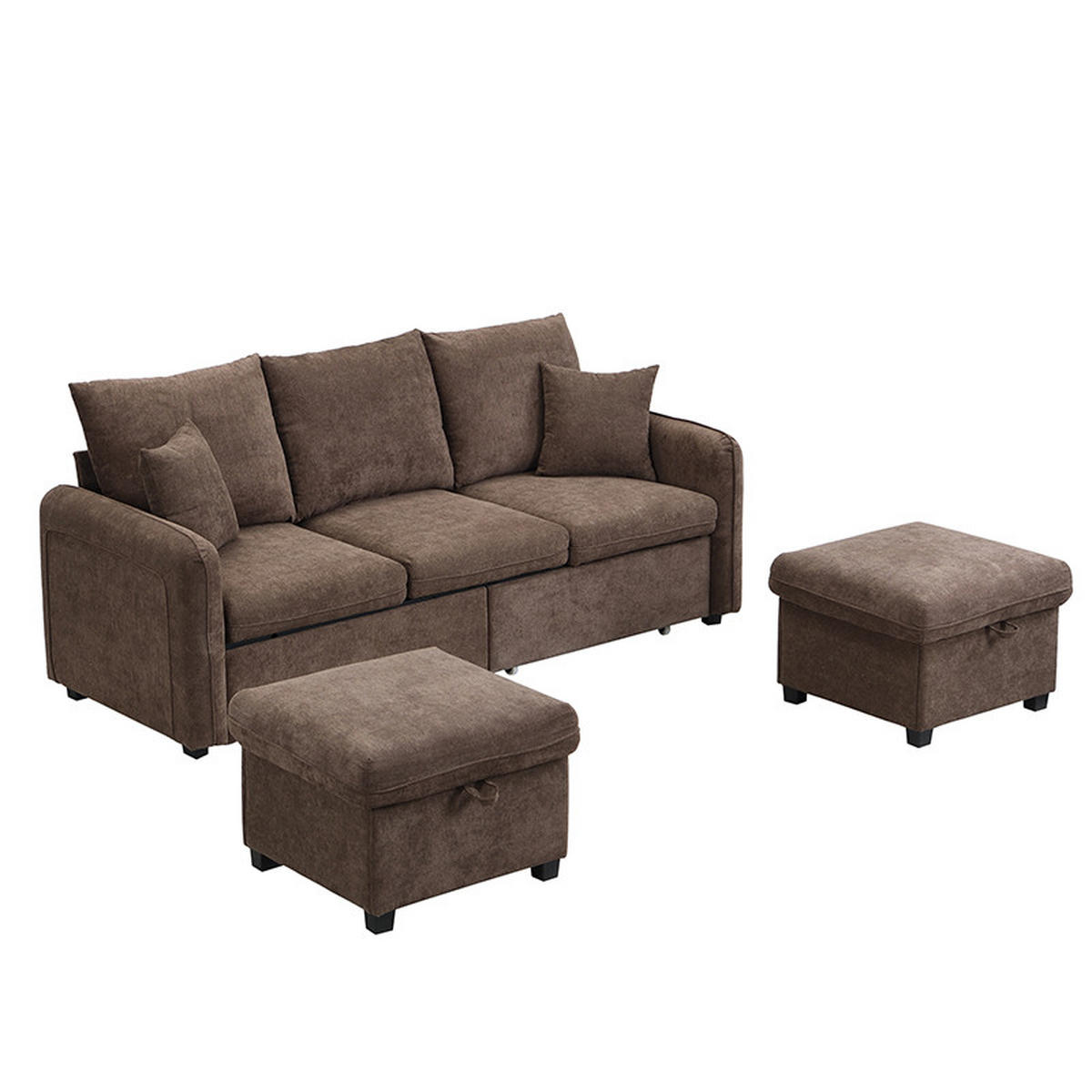 ECKSOFA-SET Chenille mit Stauraum und Schlaffunktion 3-Sitzer und 2 Hocker 188/186/86 cm Dunkelbraun - Dunkelbraun, Kunststoff/Textil (186/188cm) - Redom