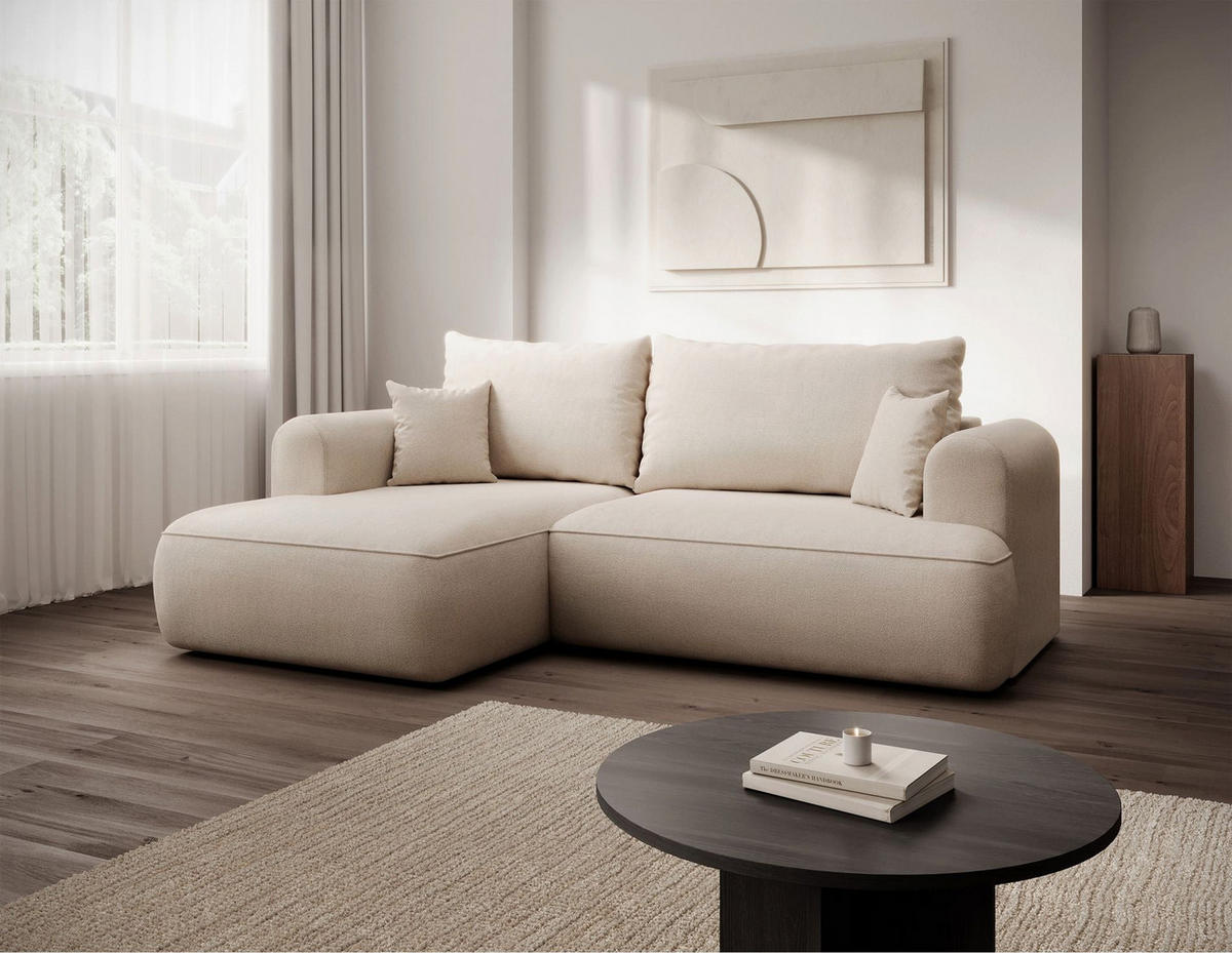 ECKSCHLAFSOFA Ovo Mini Creme Easy-Clean-Chenille-Bezug - Creme/Schwarz, Kunststoff/Textil (238/156cm) - Selsey