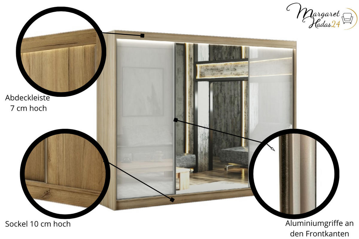 SCHWEBETÜRENSCHRANK Venus 250 cm mit Spiegel 3-türig, Eiche sonoma, lacobel weiß - Weiß/Sonoma Eiche, Kunststoff (250/215/61cm) - Margaret Hadas24