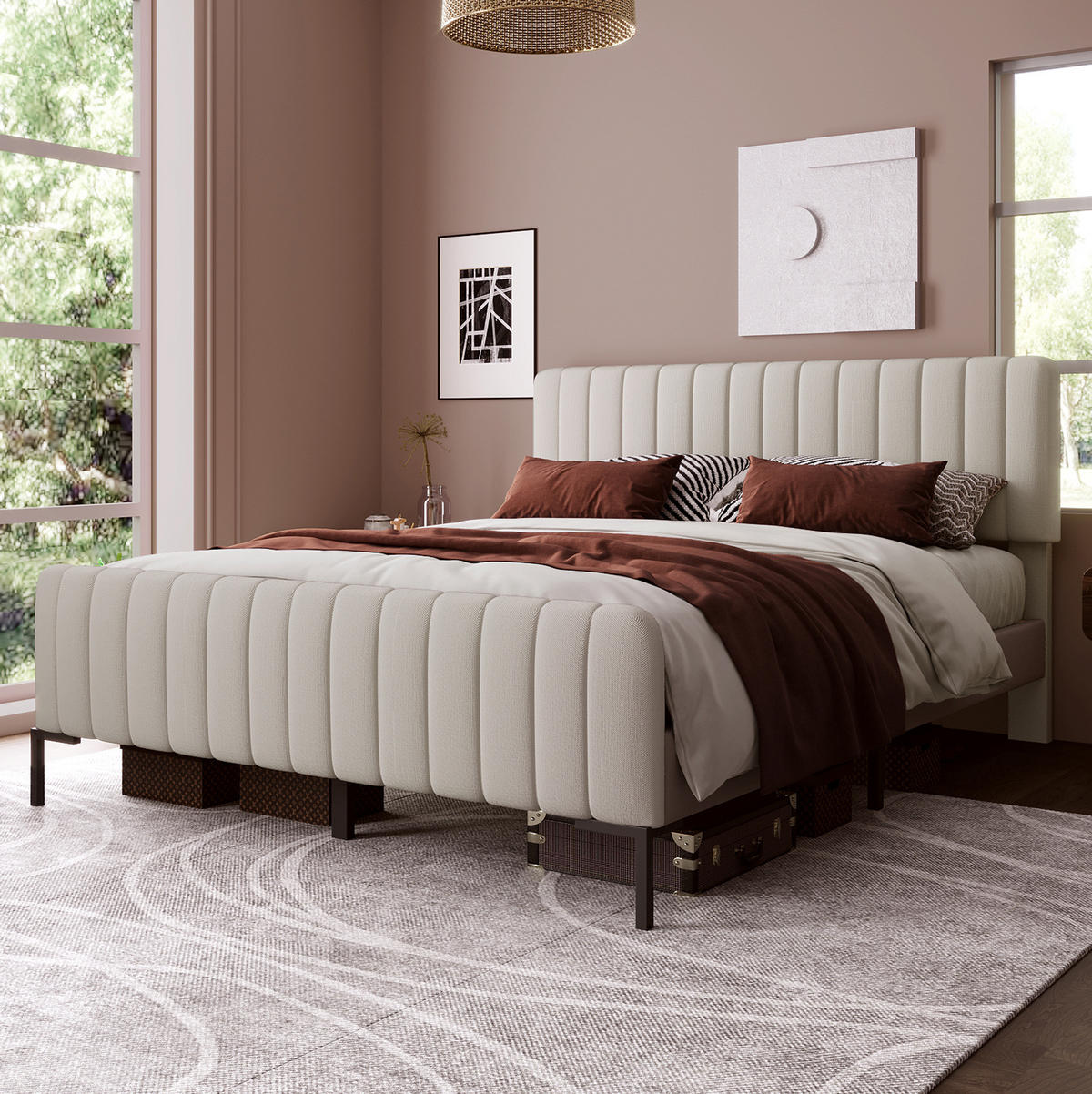 POLSTERBETT 140/200 cm Grau-Beige mit verstellbarem Kopfteil und Lattenrost - Grau, Textil (140/200cm) - OKWISH