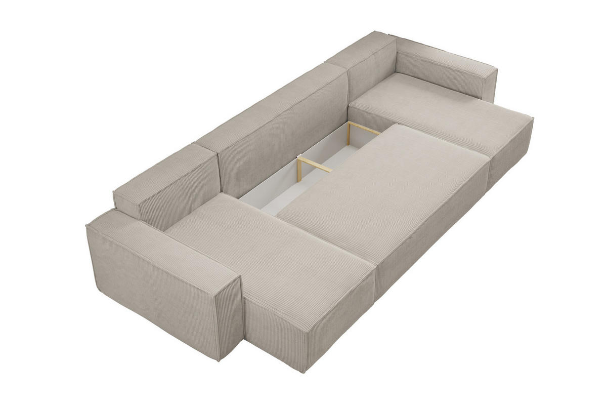 WOHNLANDSCHAFT Hugo U-Form Cordstoff mit Schlaffunktion und Bettkasten - Beige, Textil (312/83/142cm) - VENASI MÖBEL