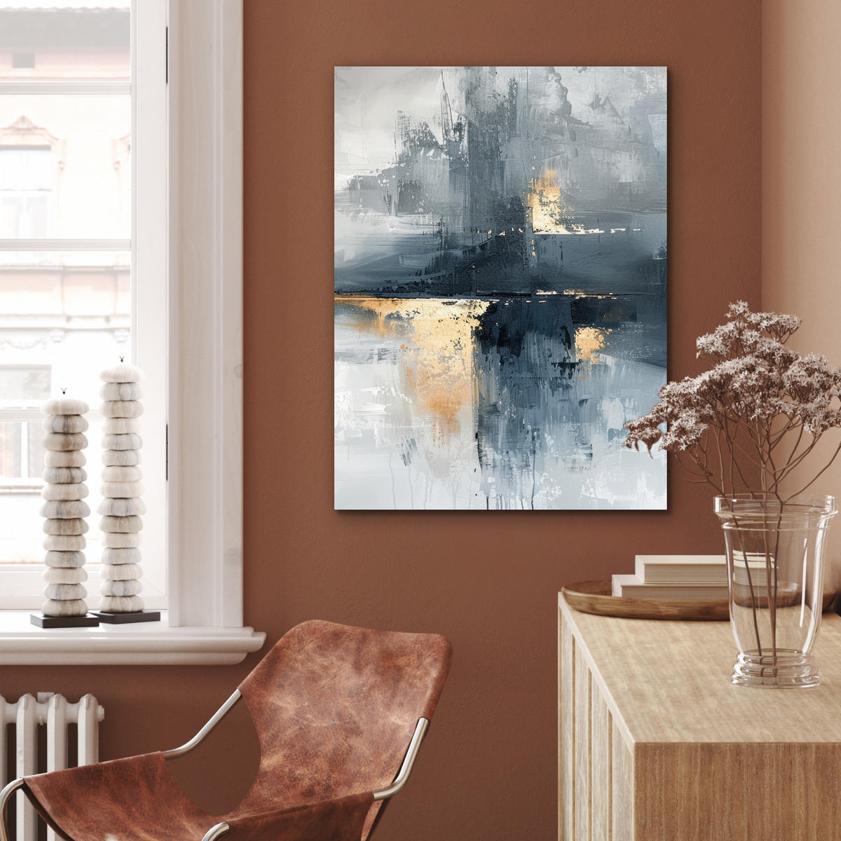 KOVOVÝ OBRAZ Umenie - sivé - zlaté - abstraktné 60x80 cm - tmavosivá, kov (60/80cm) - MuchoWow