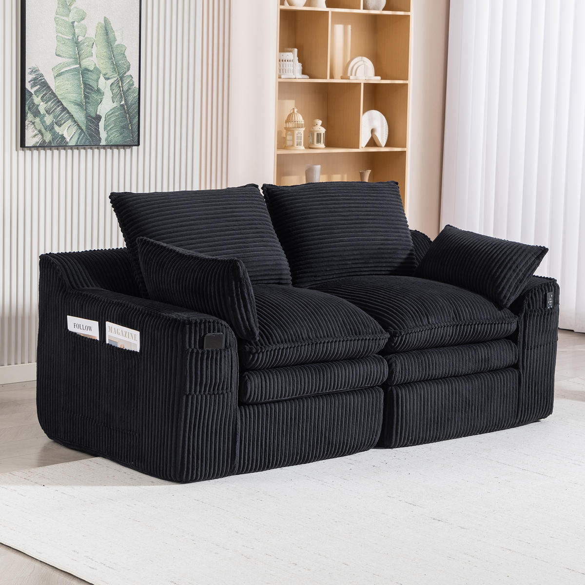 2-SITZER SOFA Cord Schwarz mit Kissen und Seitentaschen - Schwarz, Textil (191/85/94cm) - WISHDOR