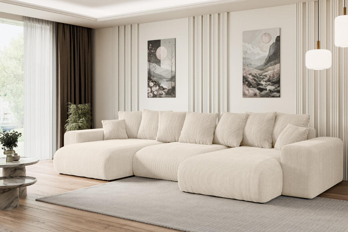 WOHNLANDSCHAFT mit Schlaffunktion und Bettkasten ESKAR-U -352x165x84cm Beige Cord - Beige/Schwarz, Holzwerkstoff/Kunststoff (352/84/165cm) - ALTDECOR