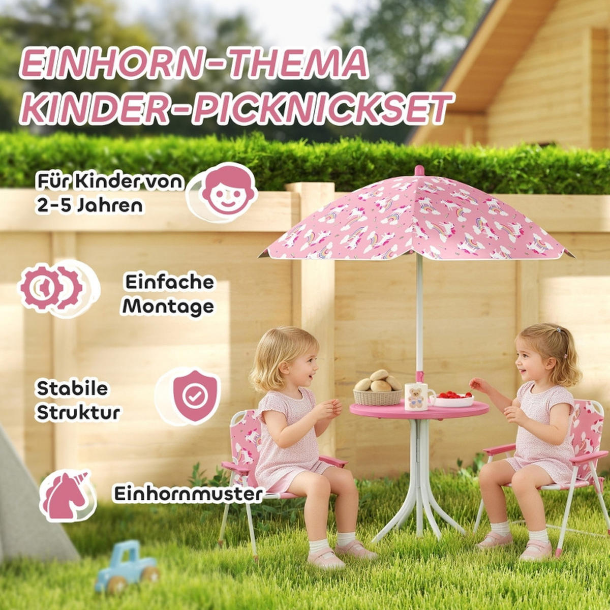 KINDER-GARTENMÖBEL 4-tlg Kindersitzgruppe Rosa mit Sonnenschirm Kindertisch und 2 Klappstühle - Rosa, Textil - Raelunyi