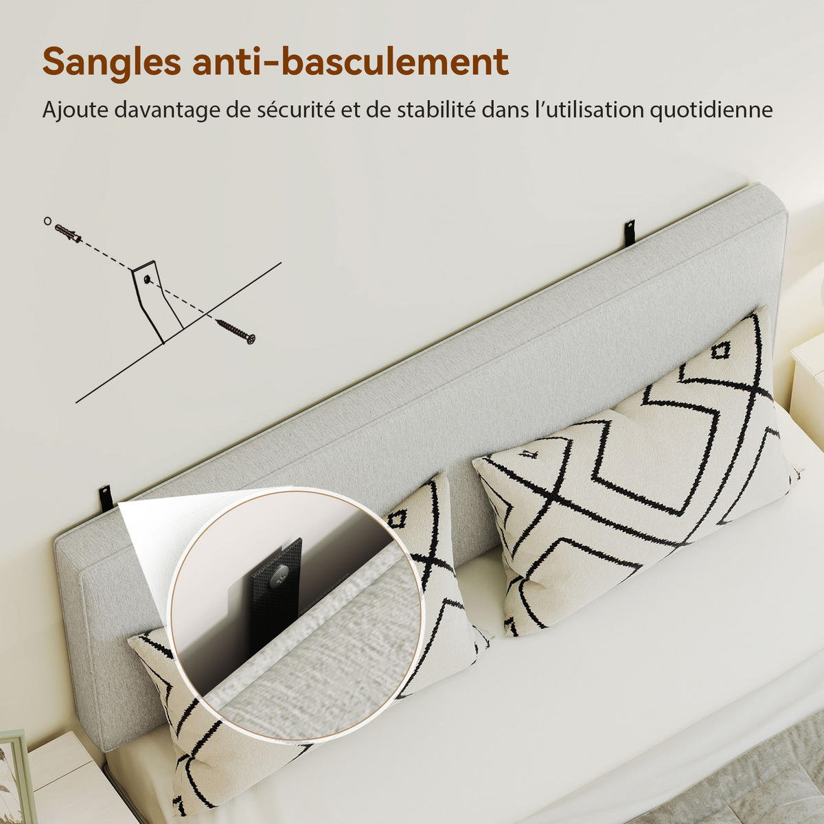 KOPFTEIL DE-18529 wandmontiert mit Leinenbezug Creme - Beige, Textil (10/60/140cm) - ComfortXL