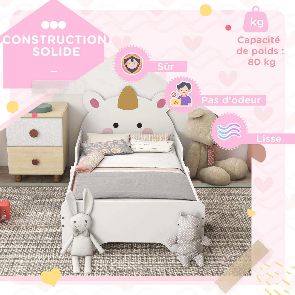 KINDERBETT 140x70 cm DE-14553 mit Einhorn-Design, inkl. Lattenrost Rosa - Weiß, Holzwerkstoff (70/140cm) - ComfortXL