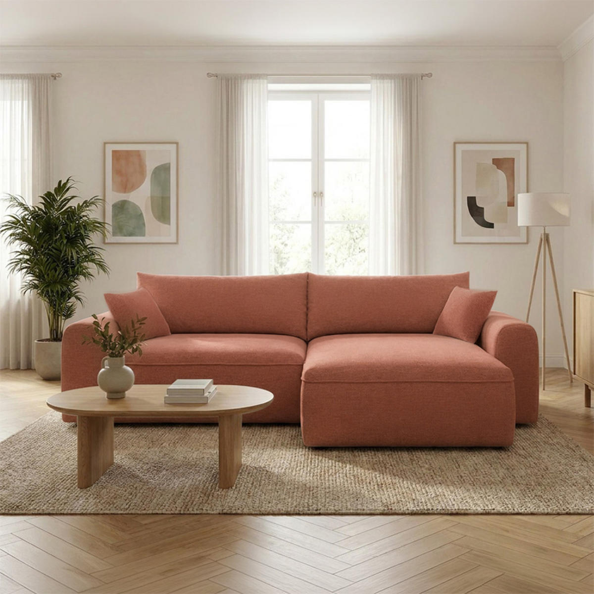 ECKSCHLAFSOFA BELAIR in Terrakotta mit Bettkasten und Bouclé-Bezug - Terracotta, Holz - Concept Usine