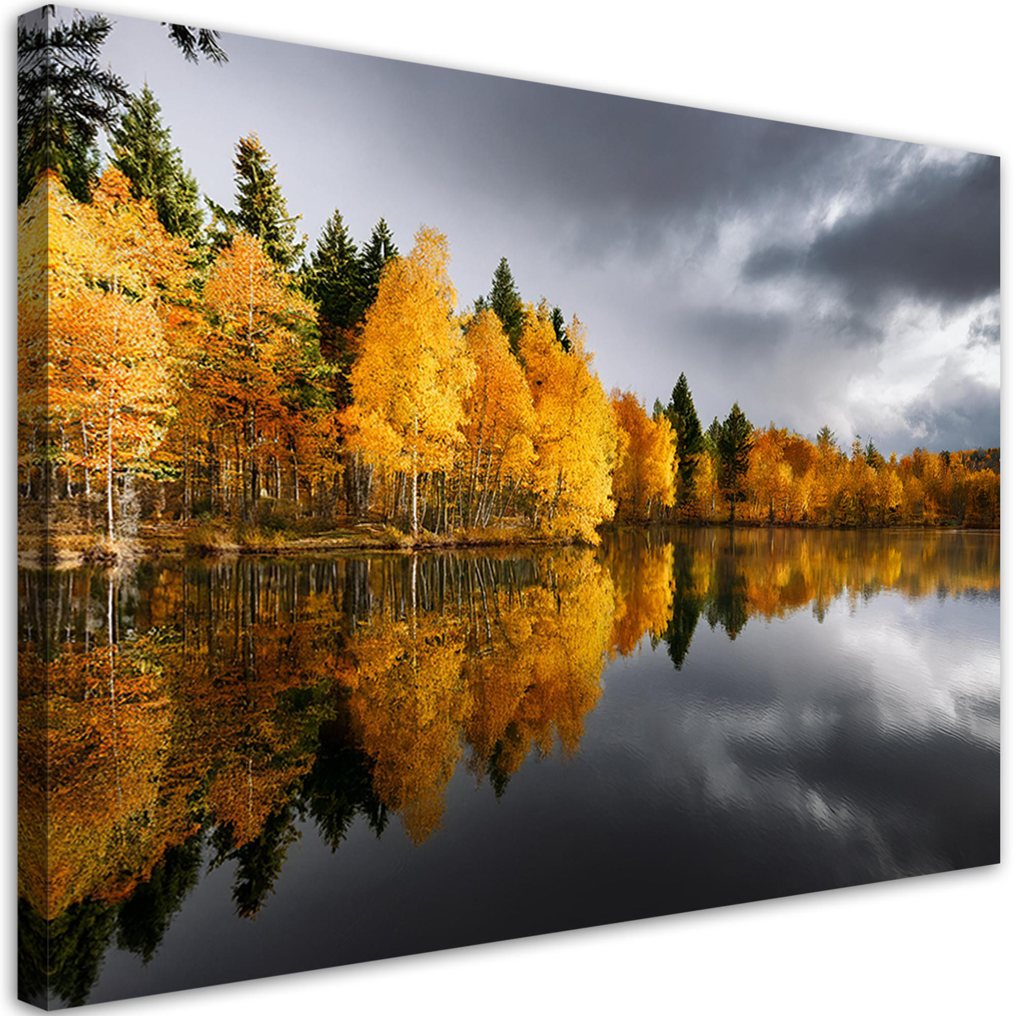 WANDBILD herbstwald am see - Gelb, Textil (60/40cm) - Feeby