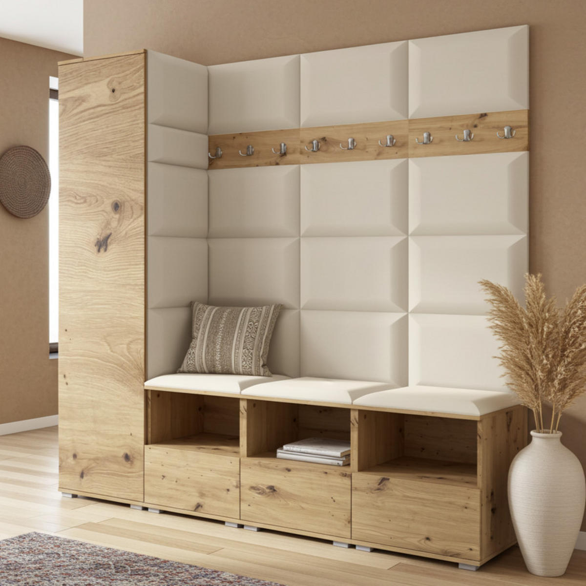GARDEROBE NELA IX 200 cm (Modulare Flurmöbel Artisan Eiche mit Sitzpolster Creme 01 Breite Sitzbank) - Silberfarben/Creme, Holz/Holzwerkstoff (200/187/40cm) - Ravio