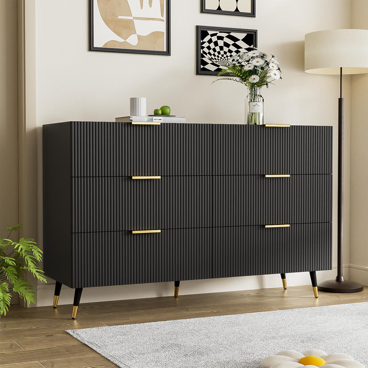 SIDEBOARD mit 6 Schubladen, mit goldenen Griffen und Beinen, 120/40/77 cm, Schwarz - Schwarz, Holzwerkstoff (120/40/77cm) - Redom