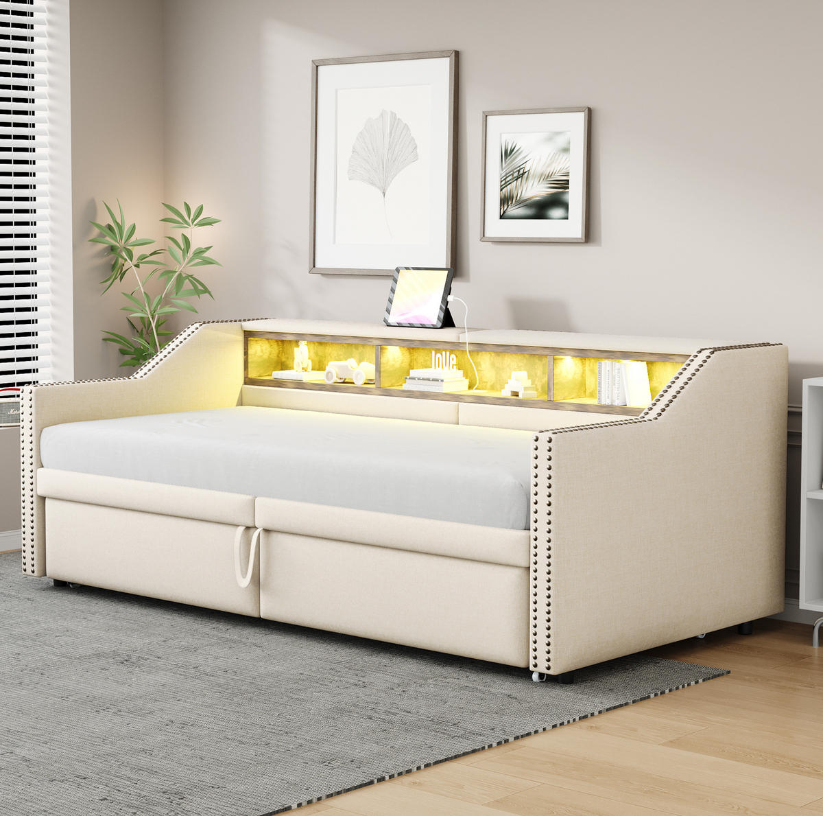 POLSTERBETT 90/180 x 200 cm aus Leinenstoff mit Ausziehfunktion LED und USB Beige - Beige, Textil (90/180cm) - Modenvie