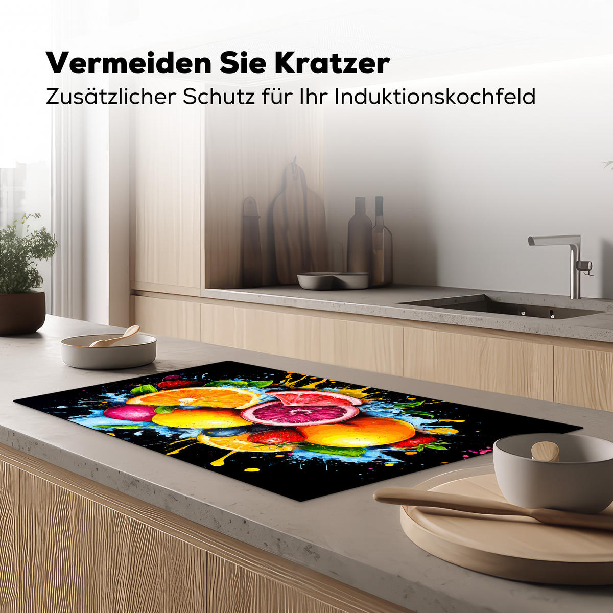 HERDABDECKPLATTE Obst - Graffiti - Bunt - Orange - Erdbeere - Abstrakt Ceranfeldabdeckung 90x52 cm - Orange, Kunststoff (90/52/0.2cm) - MuchoWow