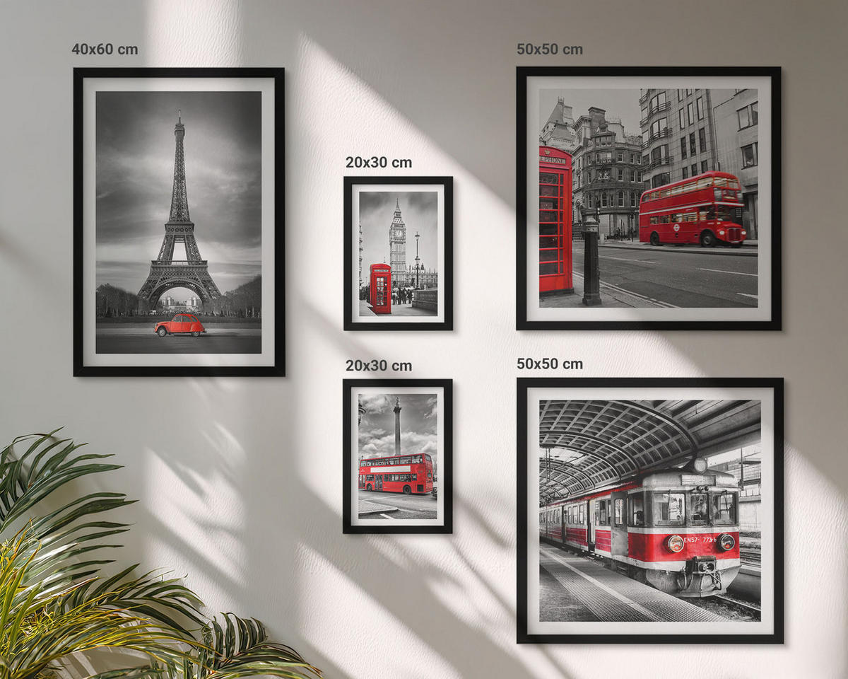 WANDBILDER 5er-Set - 50x50 cm & 20x30 cm & 40x60 cm Schwarzer Rahmen - Rote Busse in der Stadt - Schwarz, Kunststoff (40/60cm) - ArtPrintCave