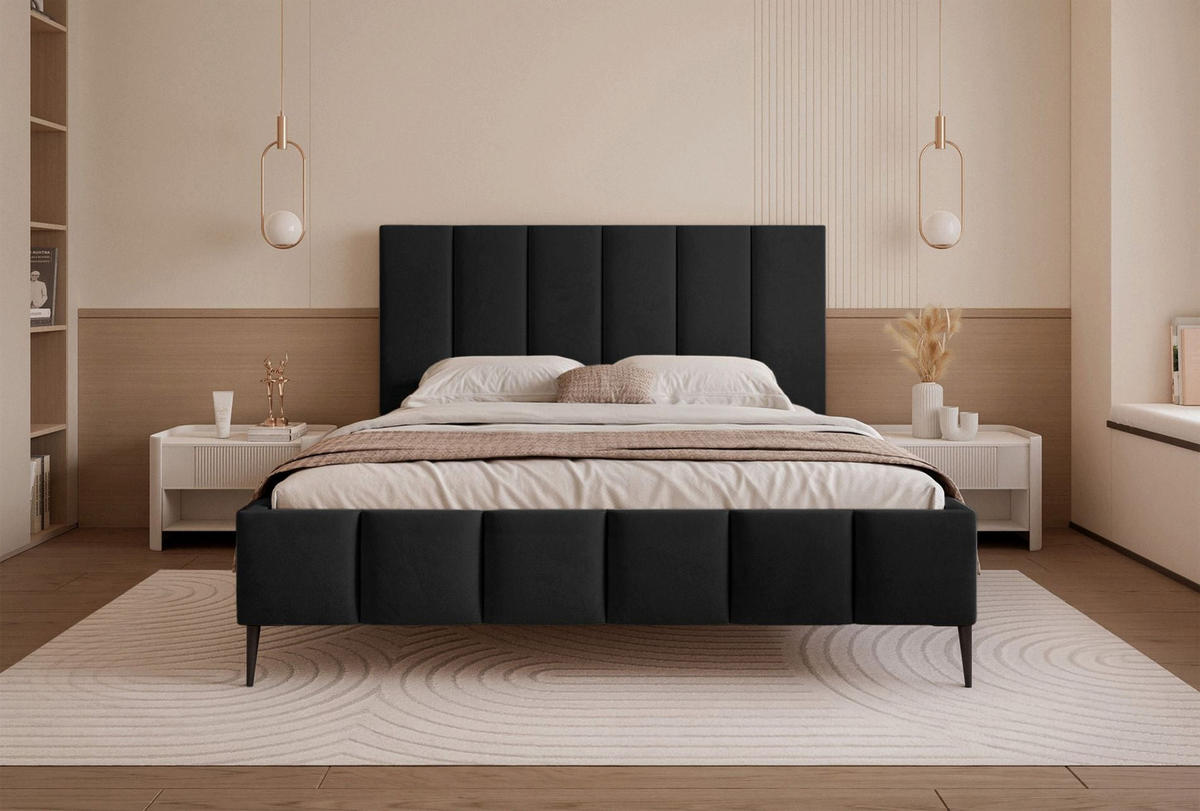 POLSTERBETT Sarafino Schwarz Samt 160x200 cm - Schwarz, Textil/Metall (160/200cm) - Selsey