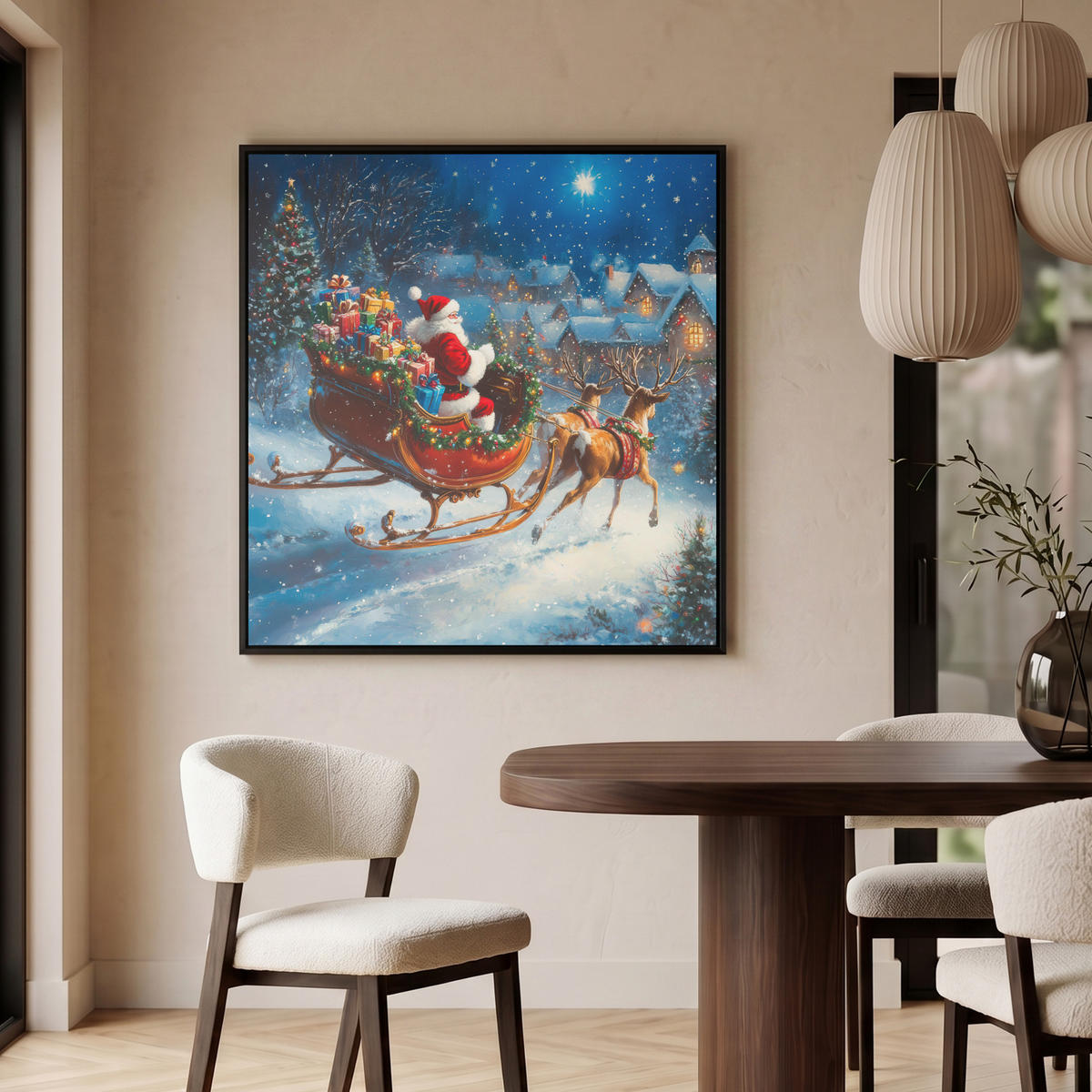 LEINWAND Bilder mit Rahmen - Weihnachtsmann - Rentier - Weihnachten - Schnee - 90x90 - Cognac, Textil (90/90cm) - MuchoWow