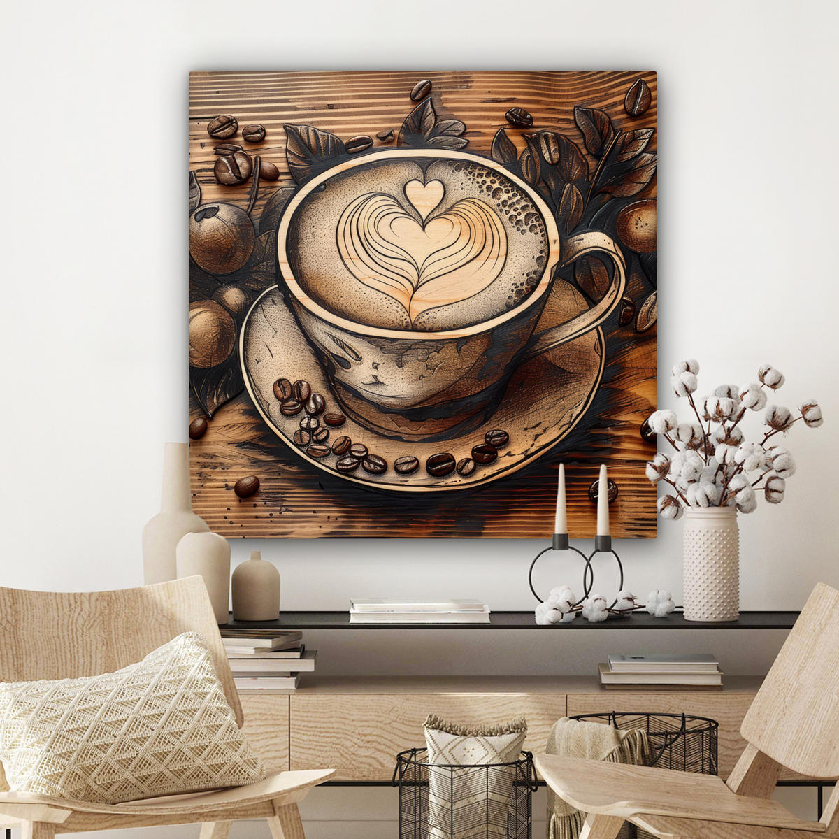 LEINWANDBILD Kaffee - Vintage - Braun - Tasse - Holz 90x90 cm - Braun, Textil (90/90cm) - MuchoWow