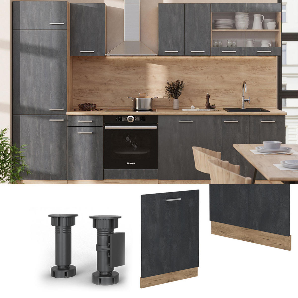 GESCHIRRSPÜLBLENDE R-Line Schwarz Beton 60 cm , AP Anthrazit - Honigeiche/Eiche Wotan, Holzwerkstoff (60/81.8/1.6cm) - Vicco
