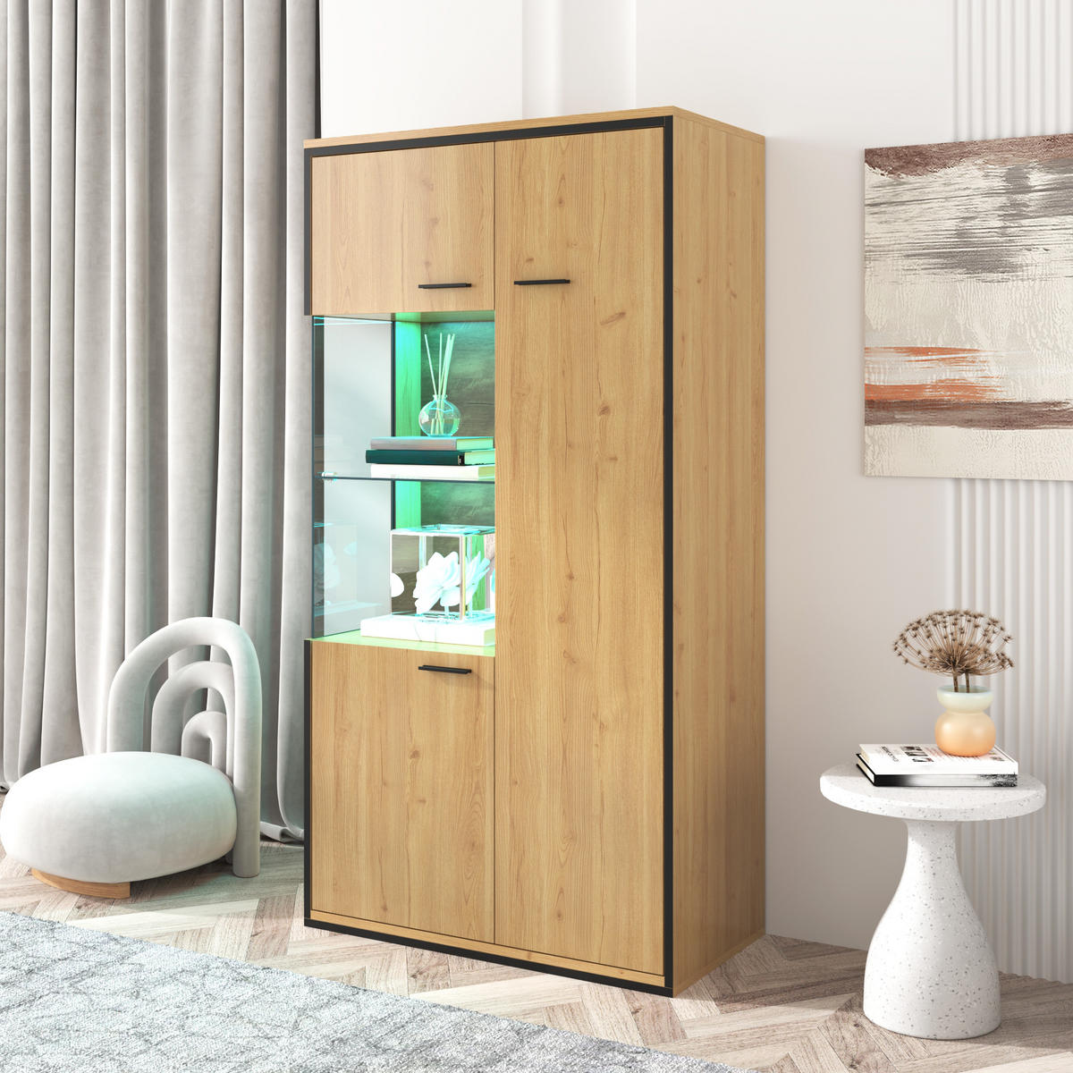 VITRINE LED 150 cm Glastür Stauraum - Naturfarben, Holz (77.5/150/40cm) - Fortuna Lai