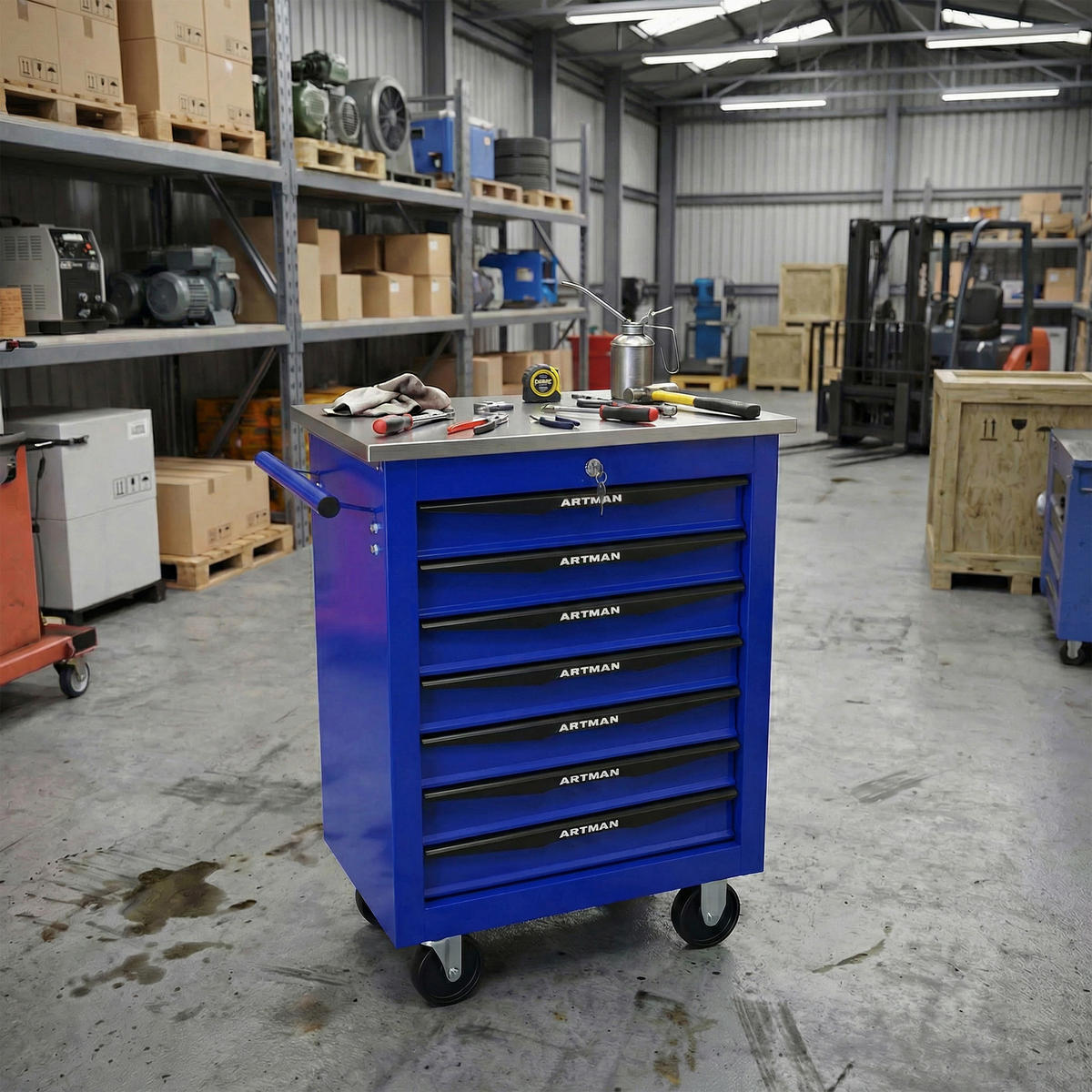 WERKZEUGWAGEN Metall mit Rollen – 7 Schubladen, Edelstahlablage, Werkstattwagen für Garage & Werkstatt, Schwarz/Blau - Blau, Metall (34.5/78/62.5cm) - Ej. Life