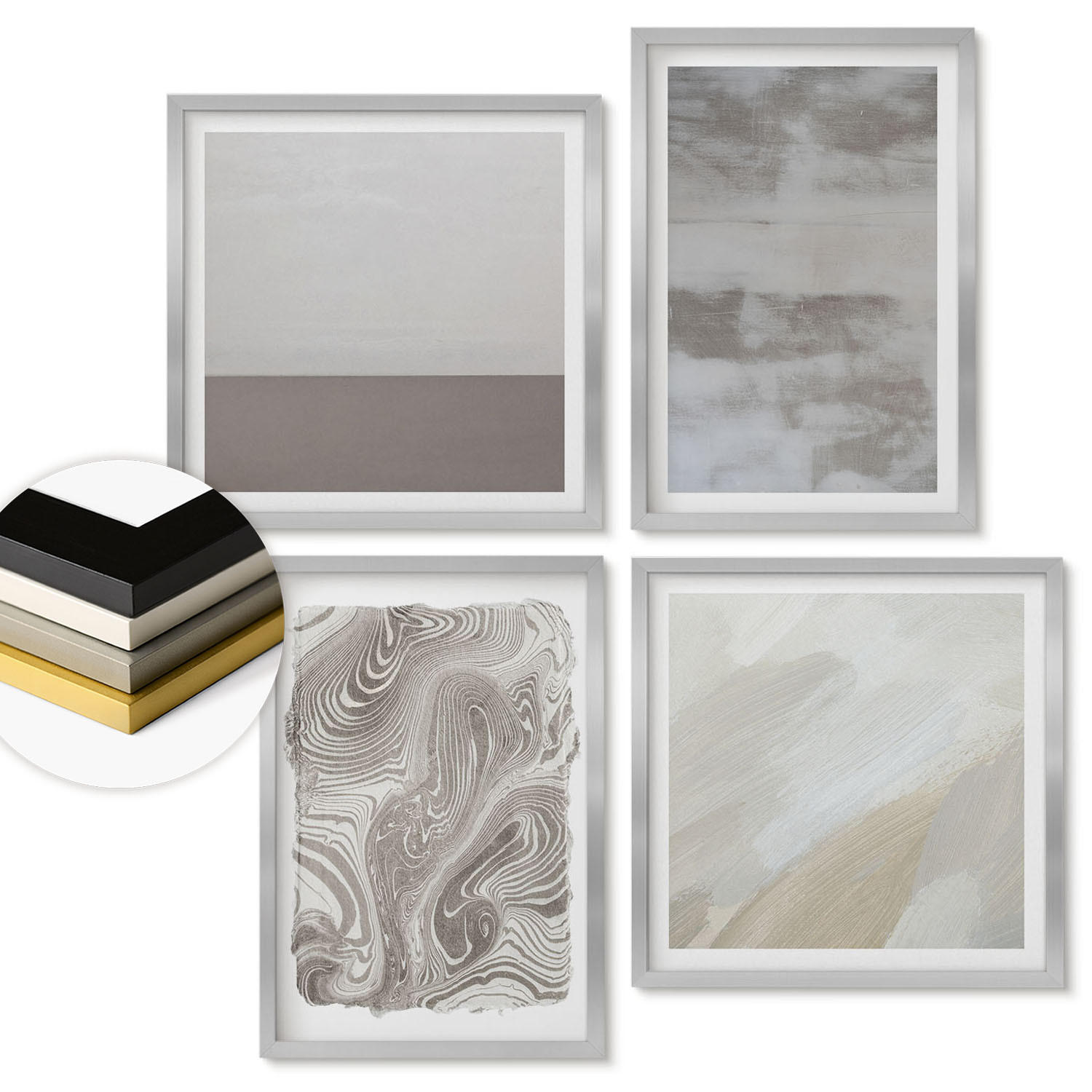 WANDBILDER 4er Set - 50x50 cm & 40x60 cm Silberner Rahmen - Industriedesignstrukturen - Silberfarben, Kunststoff (50/50cm) - ArtPrintCave