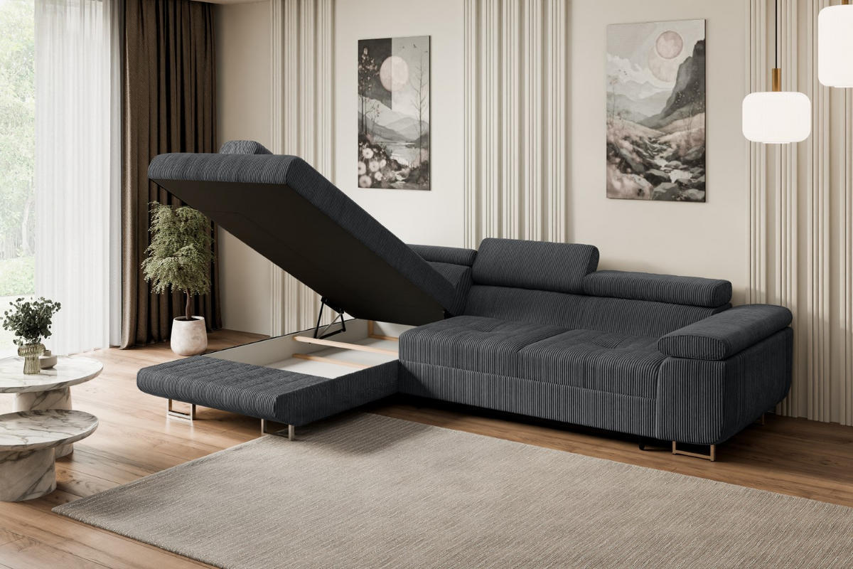 ECKSOFA mit Schlaffunktion und Bettkasten GUSA-L 272x202x107 cm Grau Cord - Dunkelgrau/Silberfarben, Holzwerkstoff/Textil (202/272cm) - ALTDECOR
