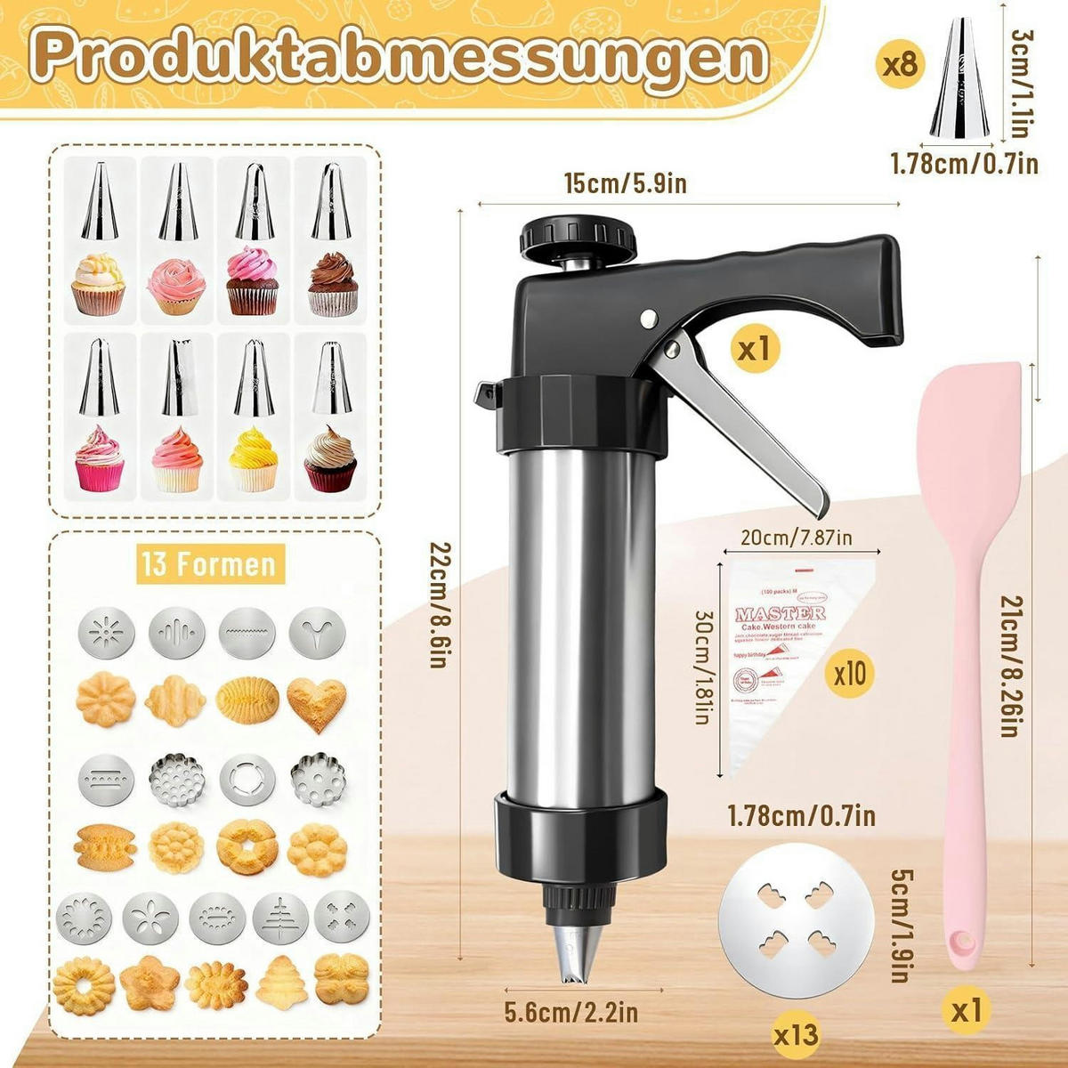 GEBÄCKPRESSE Set Edelstahl mit 13 Schablonen und 8 Tüllen - Silberfarben, Metall (15/6.2/22cm)