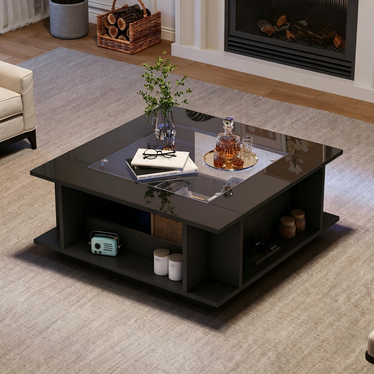 COUCHTISCH in Schwarz mit Glasplatte und LED-Beleuchtung für Wohnzimmer, B70/T70/H30 cm - Schwarz, Glas/Holzwerkstoff (70/70/30cm) - STILVORA