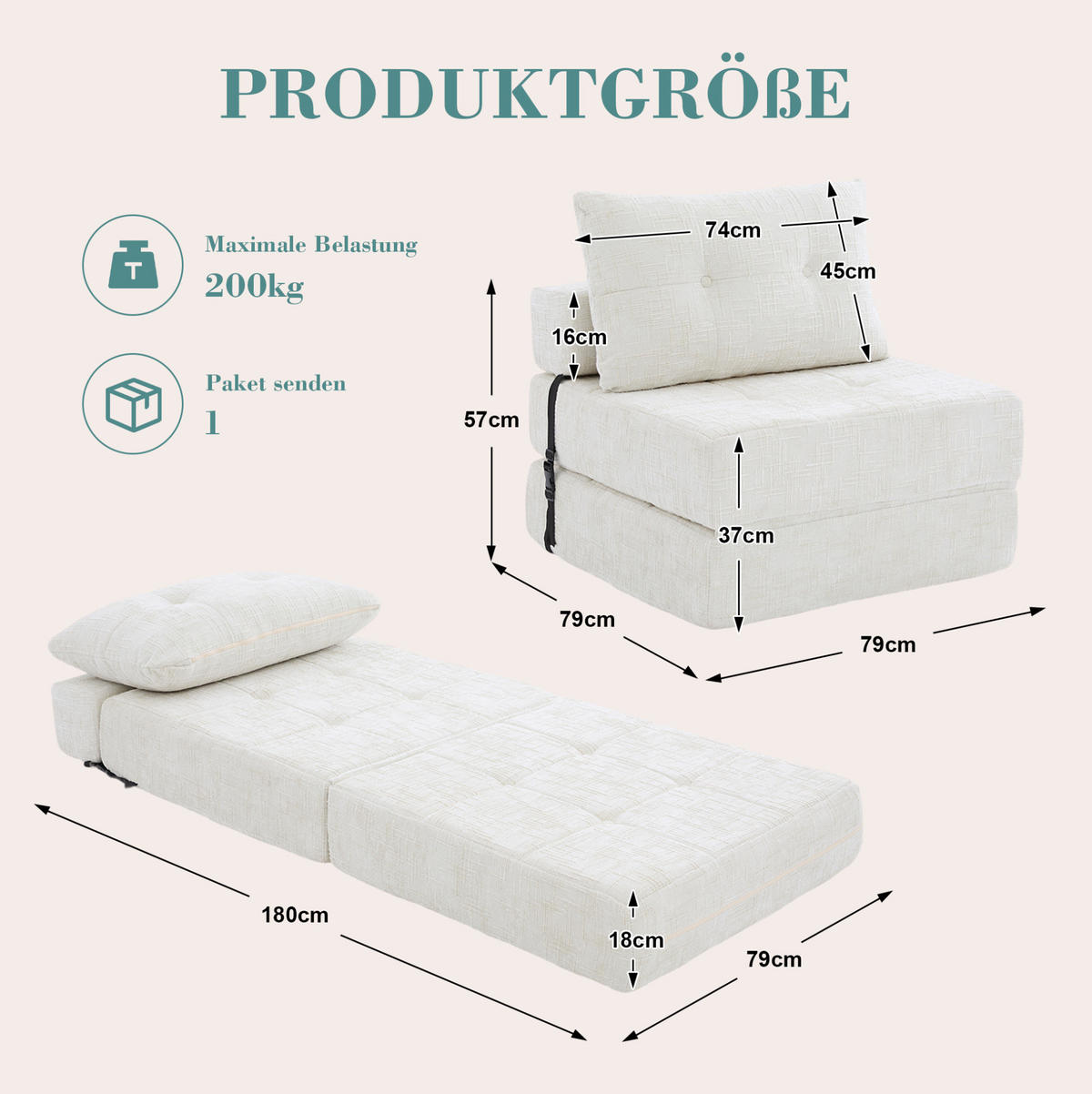 SCHLAFSESSEL klappbar 79x180 cm Chenille Beige mit Kissen - Beige, Kunststoff (79/57/79cm) - Beauniv