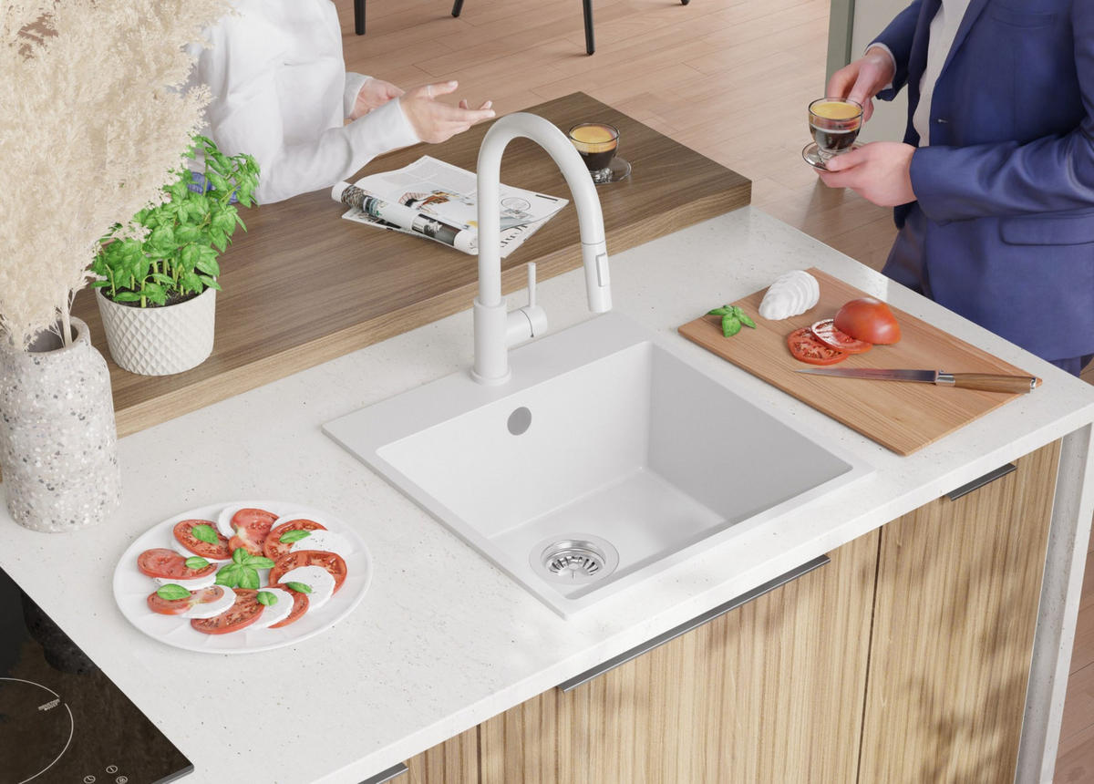 GRANITSPÜLE Riga, 2-er set Weiß 48/50 cm 1 Becken + Küchenarmatur 32/20 cm + Ablauf-Set ab 50er Unterschrank - Chromfarben/Weiß, Kunststoff (48/20/50cm) - Primagran